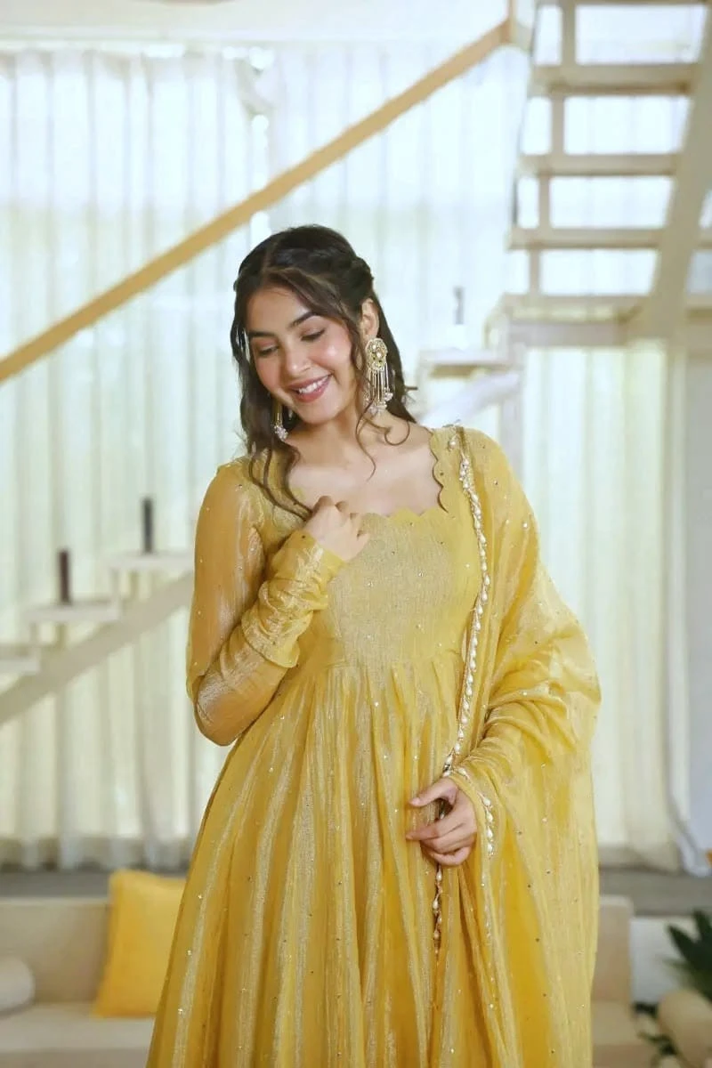 Mustard Gold Foil Work Salsa Silk Straight Salwar Set